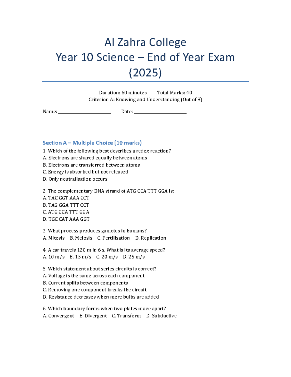 Year 10 Science Exam (2025) - End of Year Assessment - Studocu