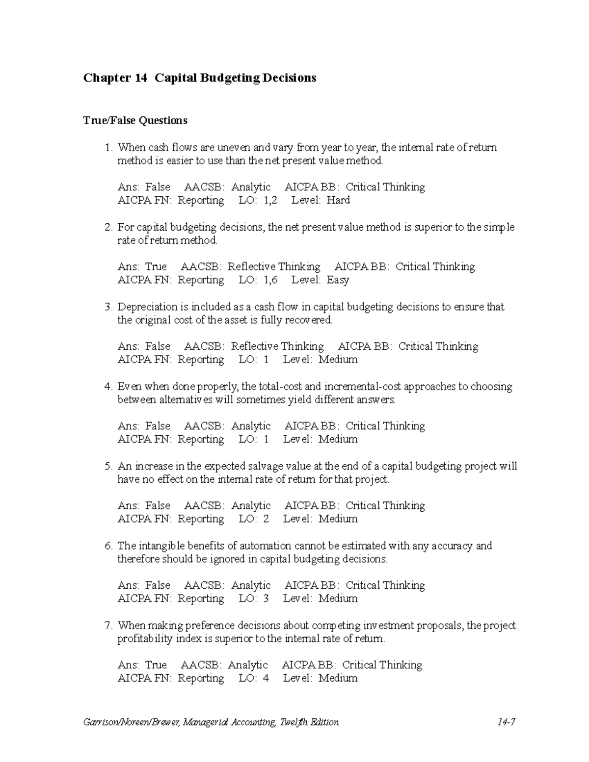Chapter 14 Capital Budgeting Decisions: Key Concepts and Questions ...
