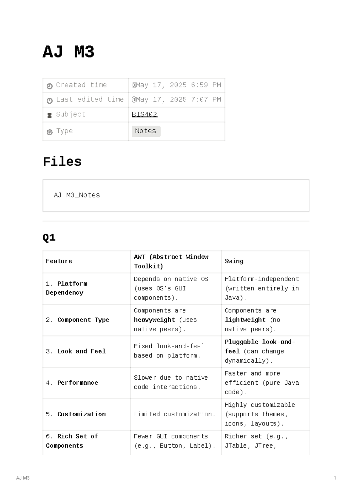 AJ BIS402 Notes: AWT vs Swing Features & Event Handling Summary - Studocu
