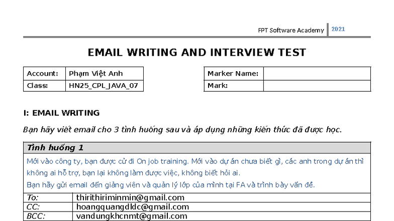 Email Writing Test - HN25_CPL_JAVA_07 Situational Responses - Studocu