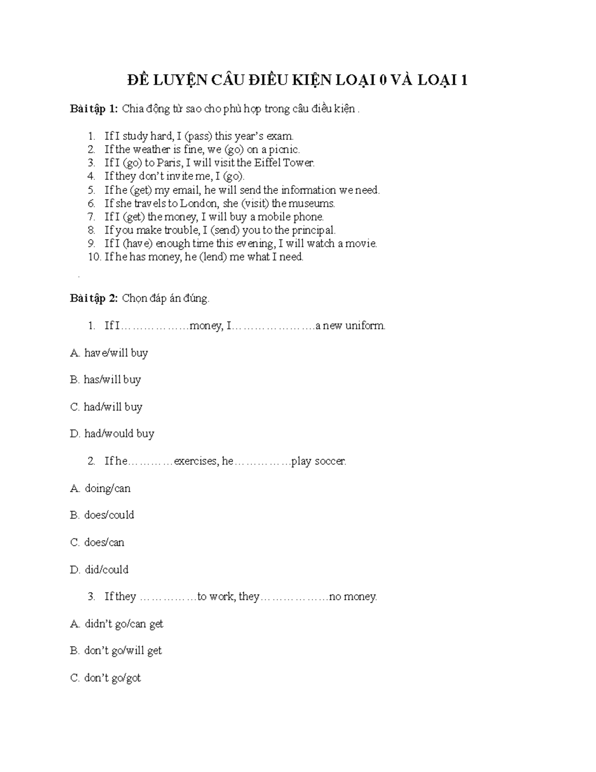 ĐỀ LUYỆN CÂU ĐIỀU KIỆN LOẠI 0 VÀ LOẠI 1: BÀI TẬP THỰC HÀNH - Document Preview