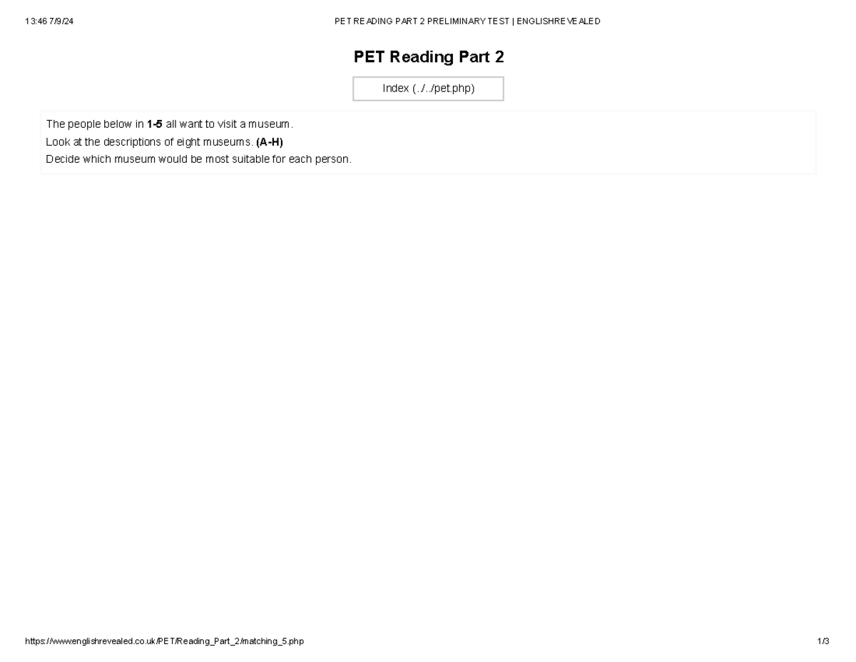 PET Reading Part 2 - Matching Exercise for Museums Selection - Studocu