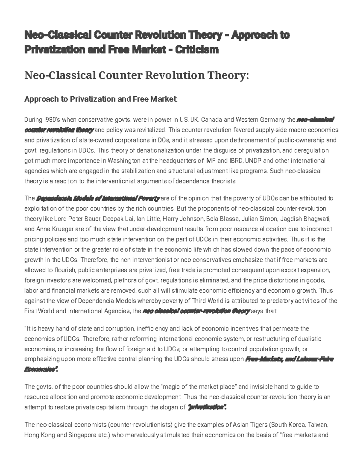 Neo-Classical Counter-Revolution Theory: Impacts on Privatization ...