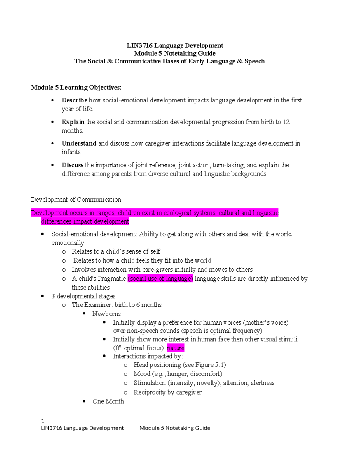 LIN3716 Language Development: Module 5 Early Language & Speech Notes ...