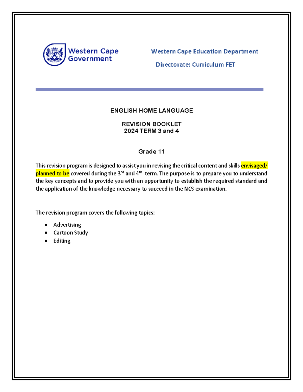 Grade 11 English HL Revision Booklet for Term 3 & 4 - 2024 - Studocu