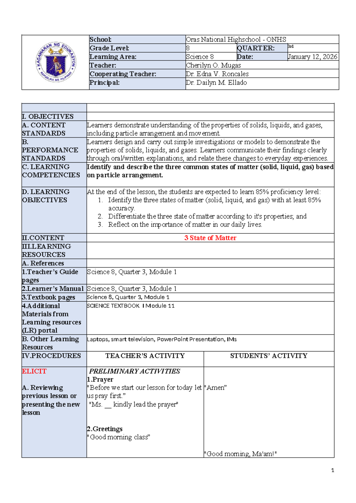 Science 8 Lesson Plan: Understanding the 3 States of Matter - Studocu