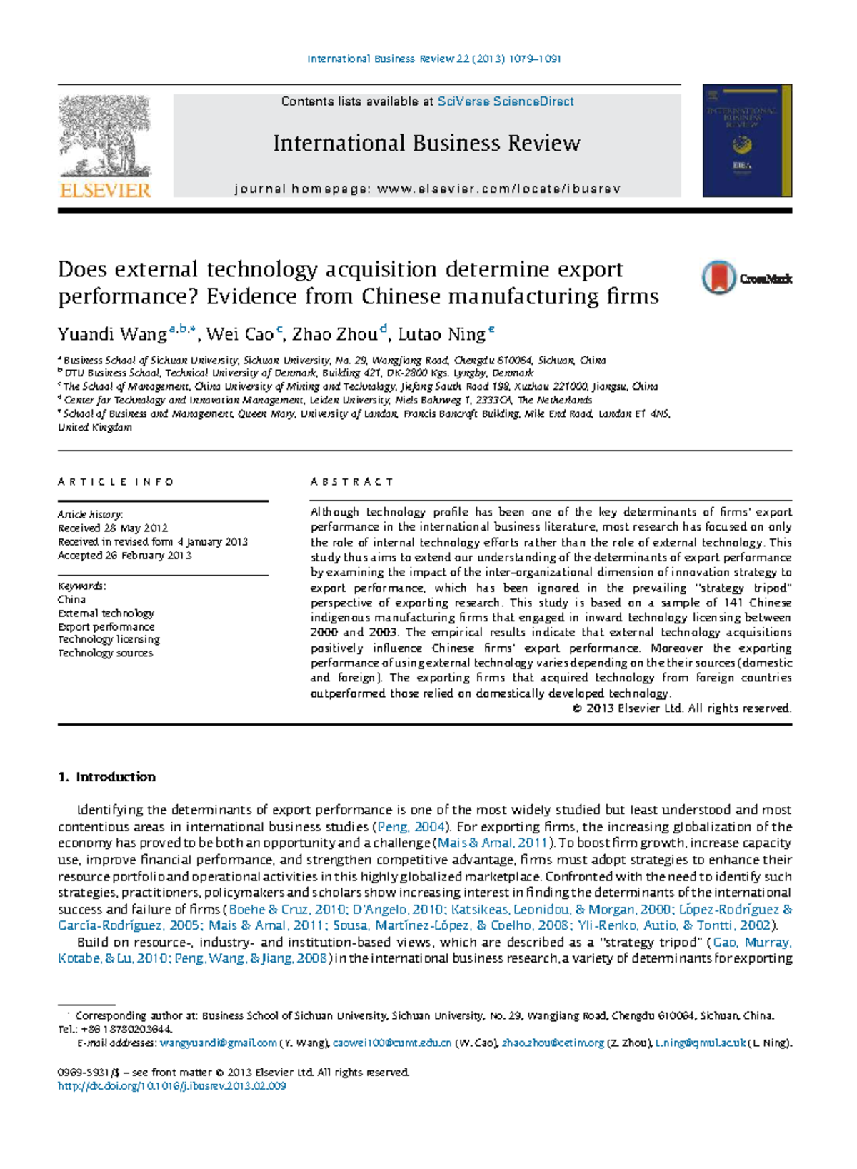 IBR 22 (2013) - External Technology Acquisition & Export Performance in ...