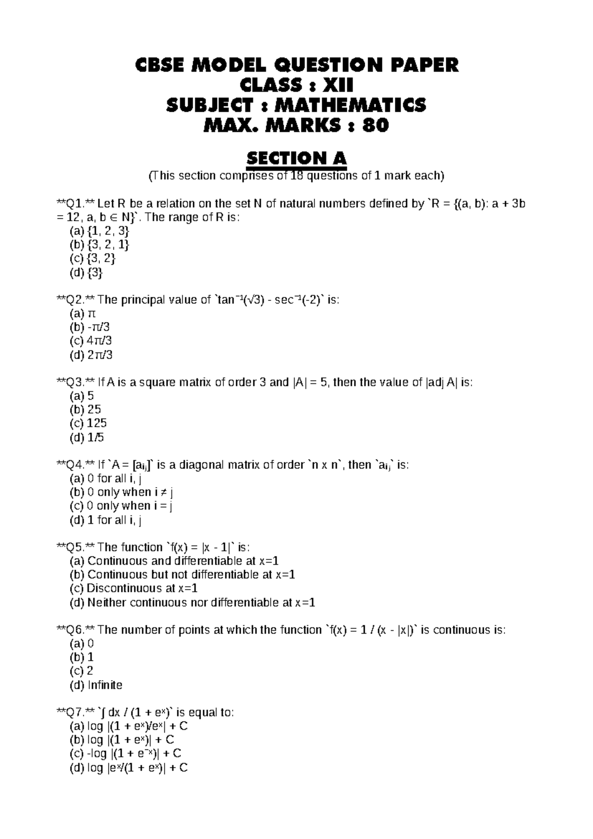 CBSE Class XII Mathematics Model Question Paper - Studocu