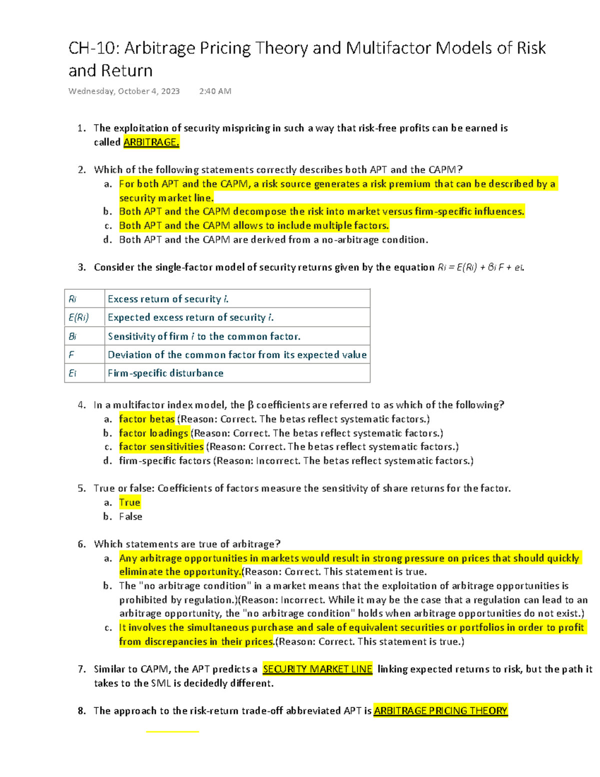 CH10: Understanding Arbitrage Pricing Theory & Multifactor Models - Studocu