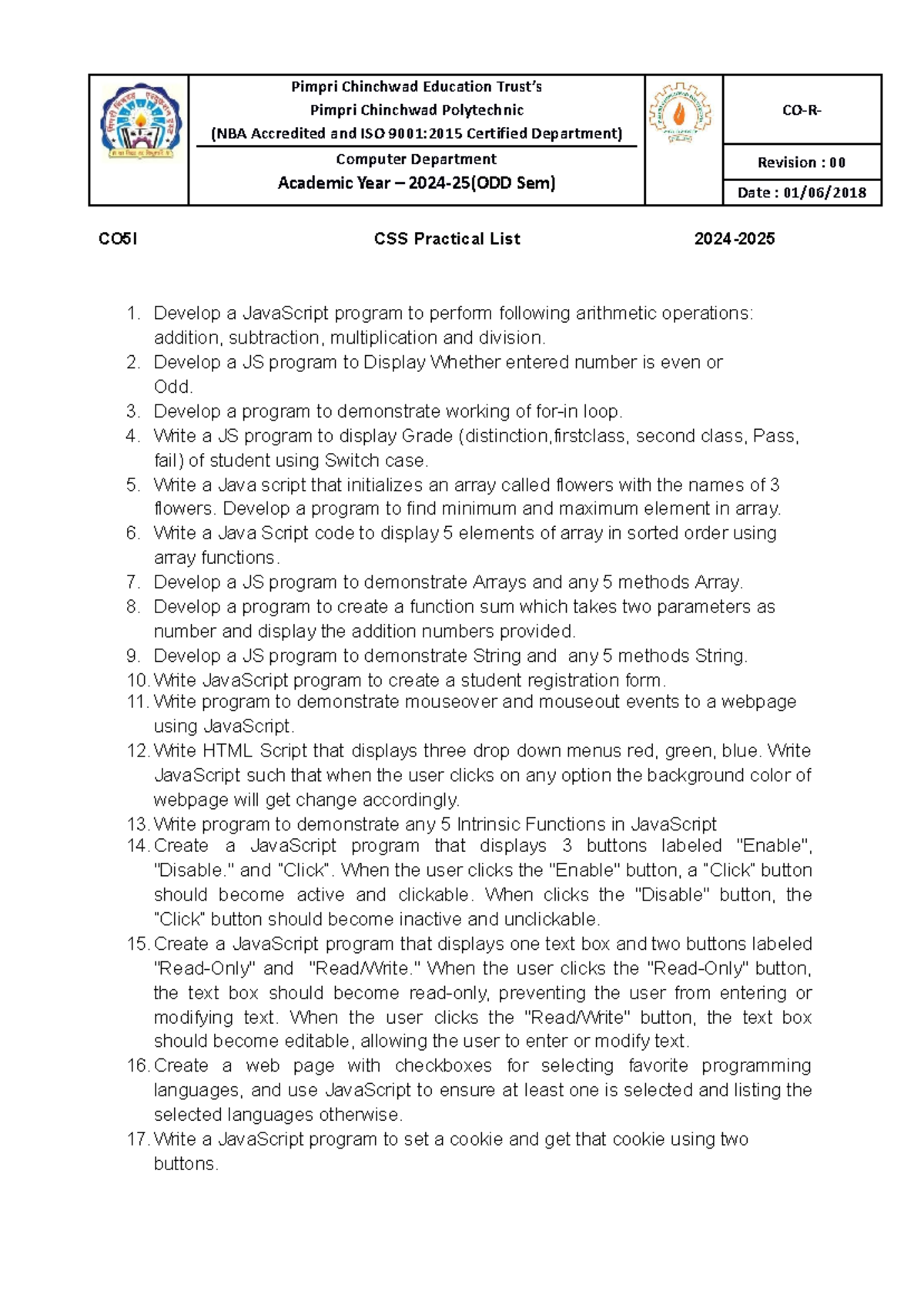 CO5I CSS Practical Programming Tasks for 2024-25 ODD Sem - Studocu