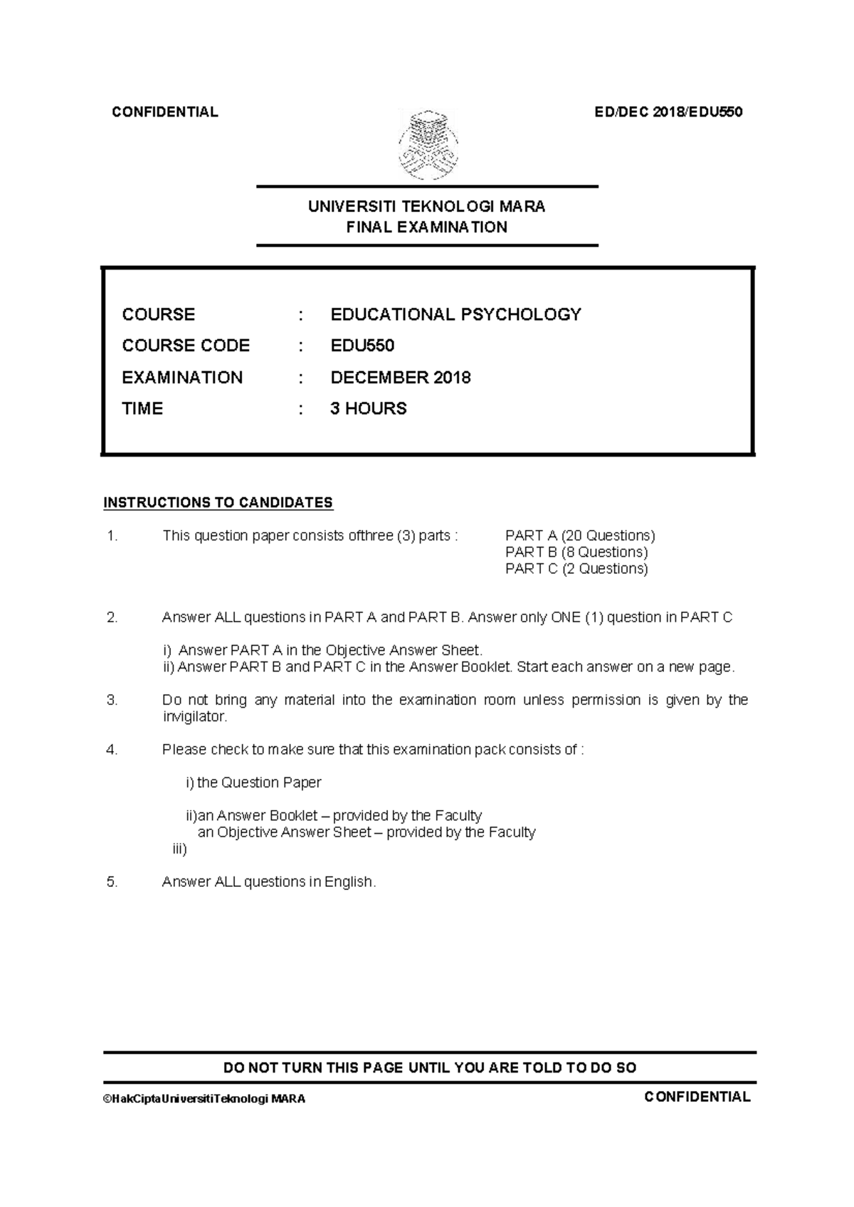EDU550 Final Exam: Educational Psychology December 2018 Question Paper ...