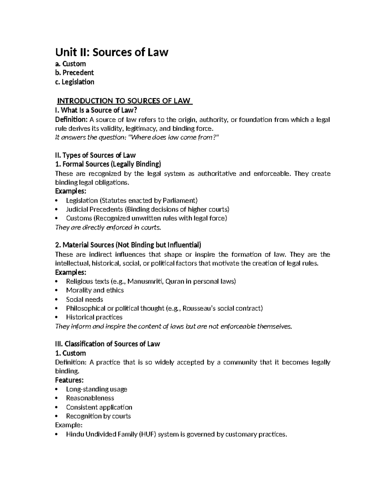 Unit II: Sources of Law - Custom, Precedent, and Legislation Overview ...