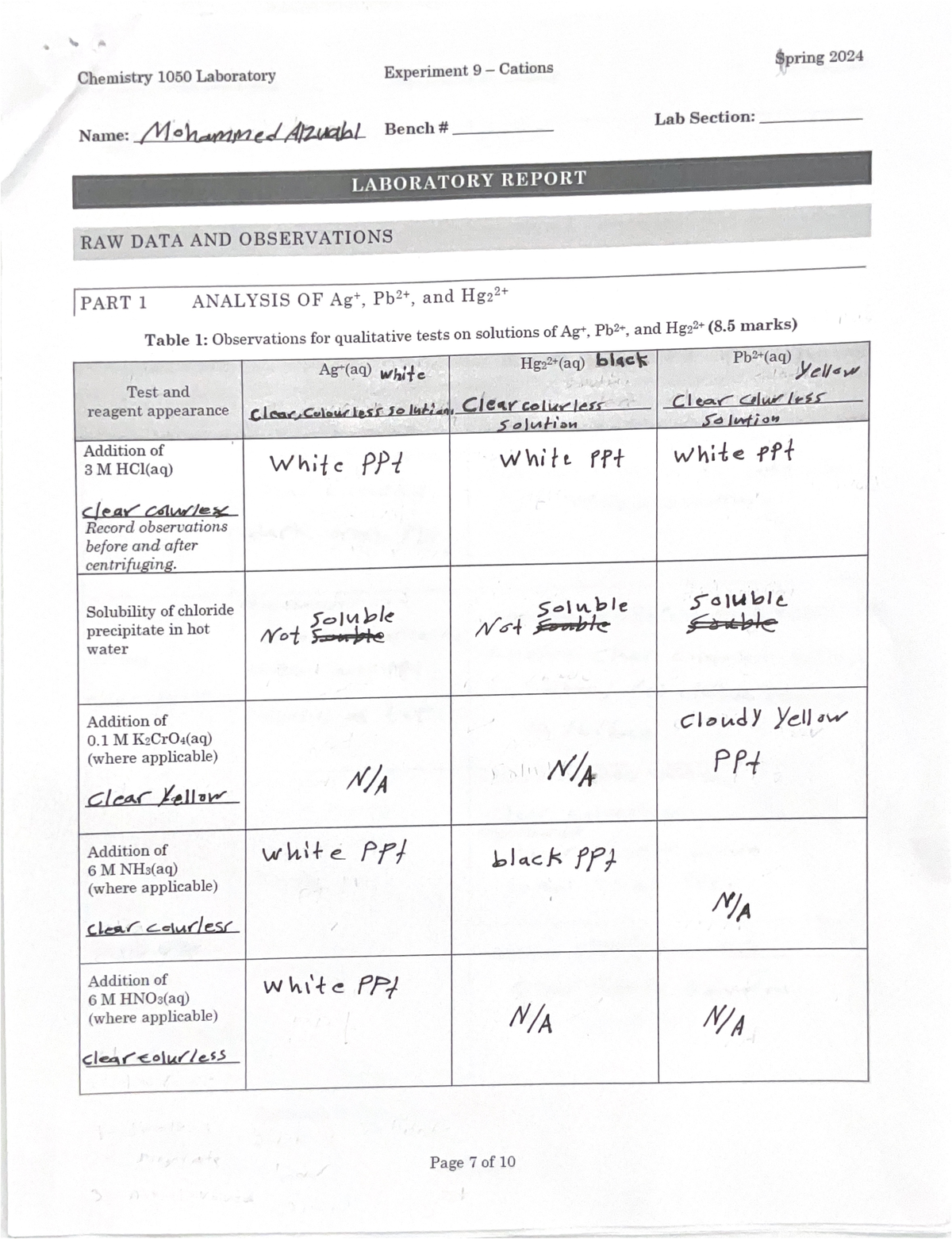 Experiment 9 - Lab - 2024 Chemistry 1050 Laboratory Experiment 9 ...