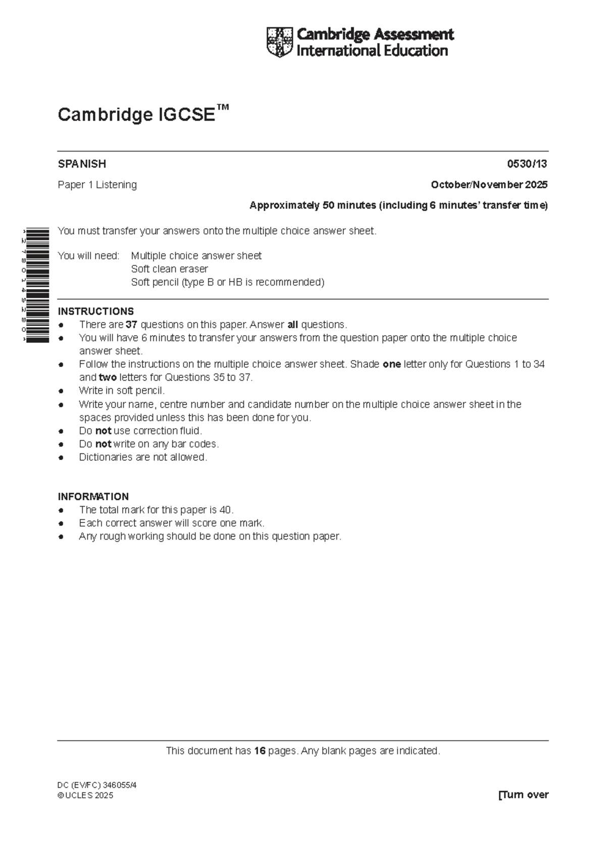Cambridge IGCSE™ SPANISH 0530/13 October/November 2025 Paper 1 ...