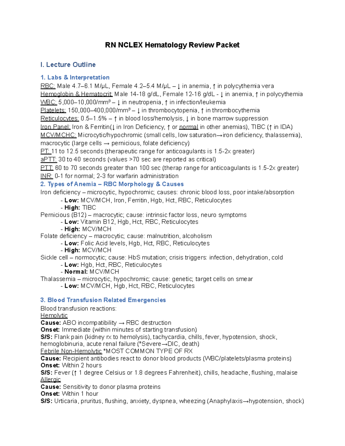 RN NCLEX Hematology Review Packet: Key Concepts & Lab Interpretations ...