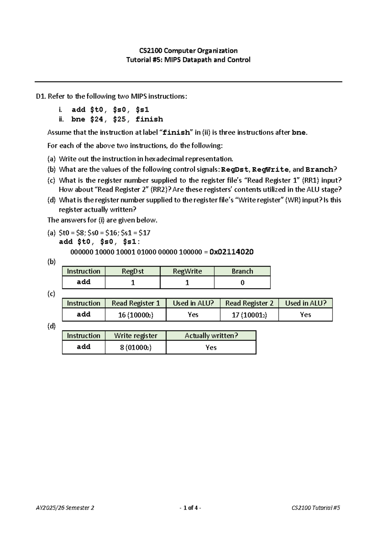 CS2100 Tutorial D1: MIPS Datapath & Control Analysis - Studocu