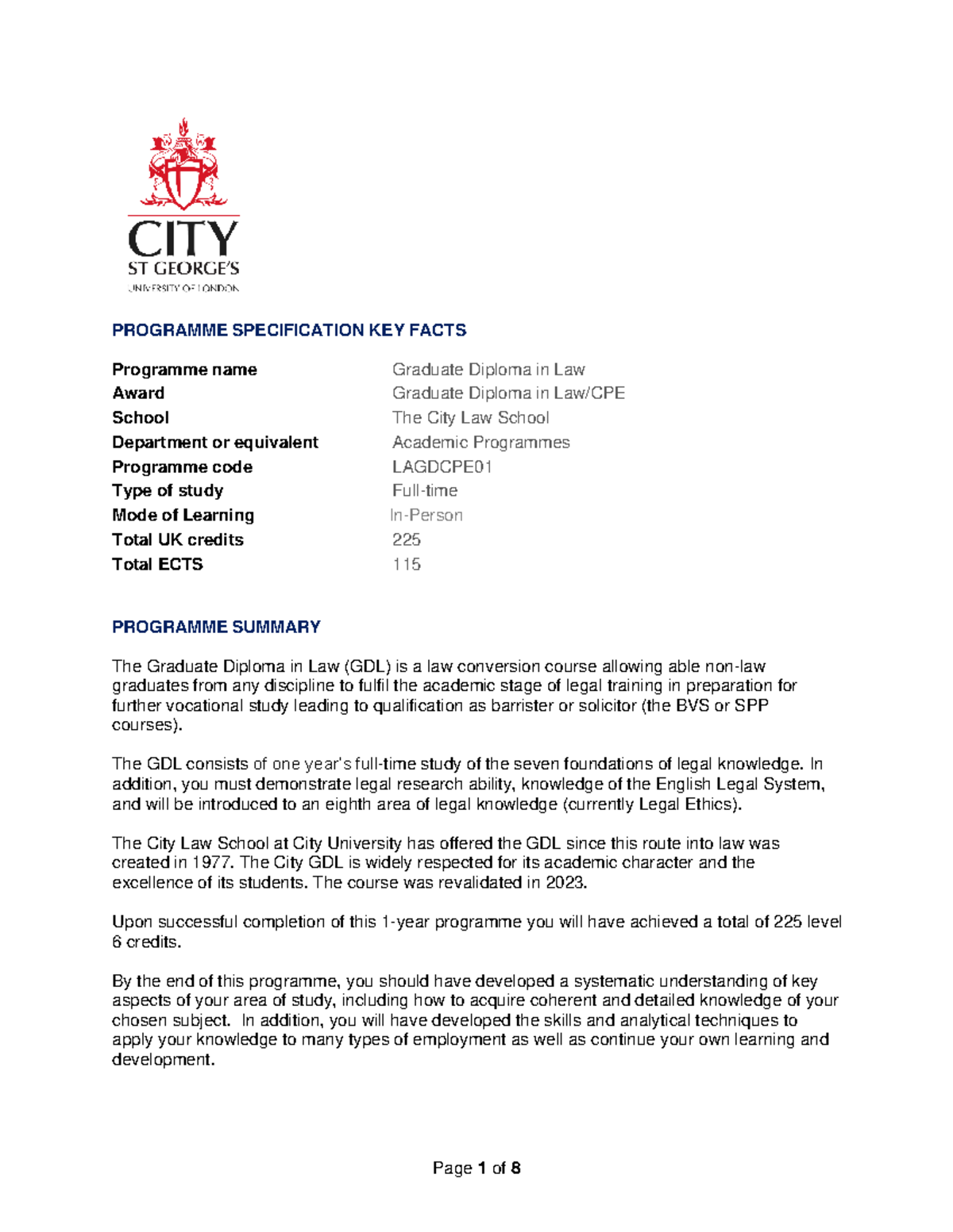 GDL Programme Specification: Key Facts and Learning Outcomes - Studocu