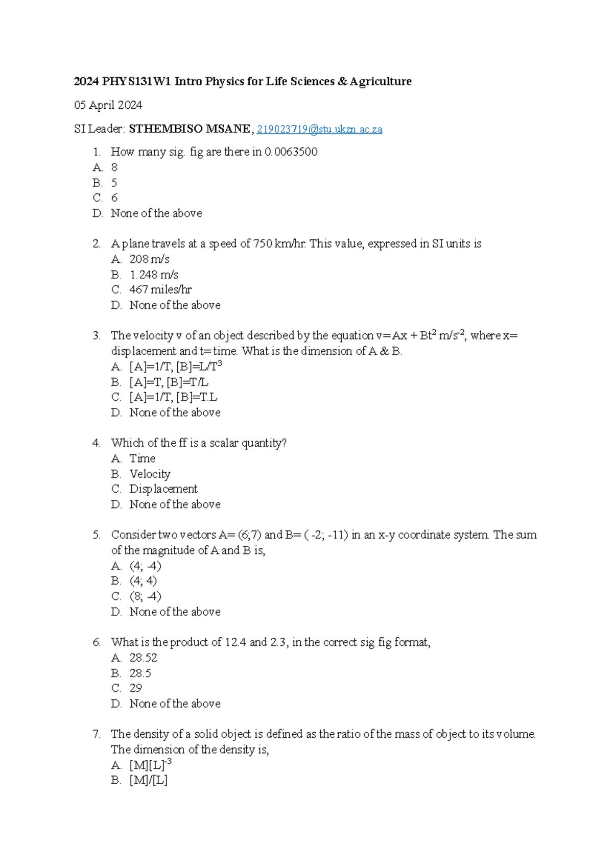 PHYS131W1 Final Exam Revision Notes for Intro Physics 2024 - Studocu