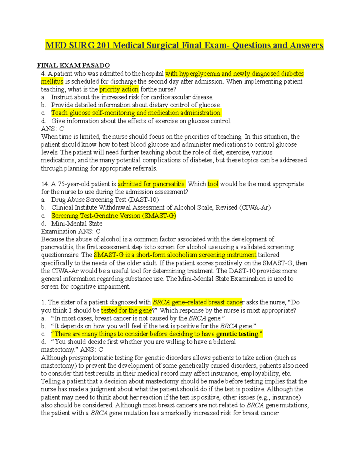 MED SURG 201 Final Exam Study Guide: Questions & Answers - Studocu