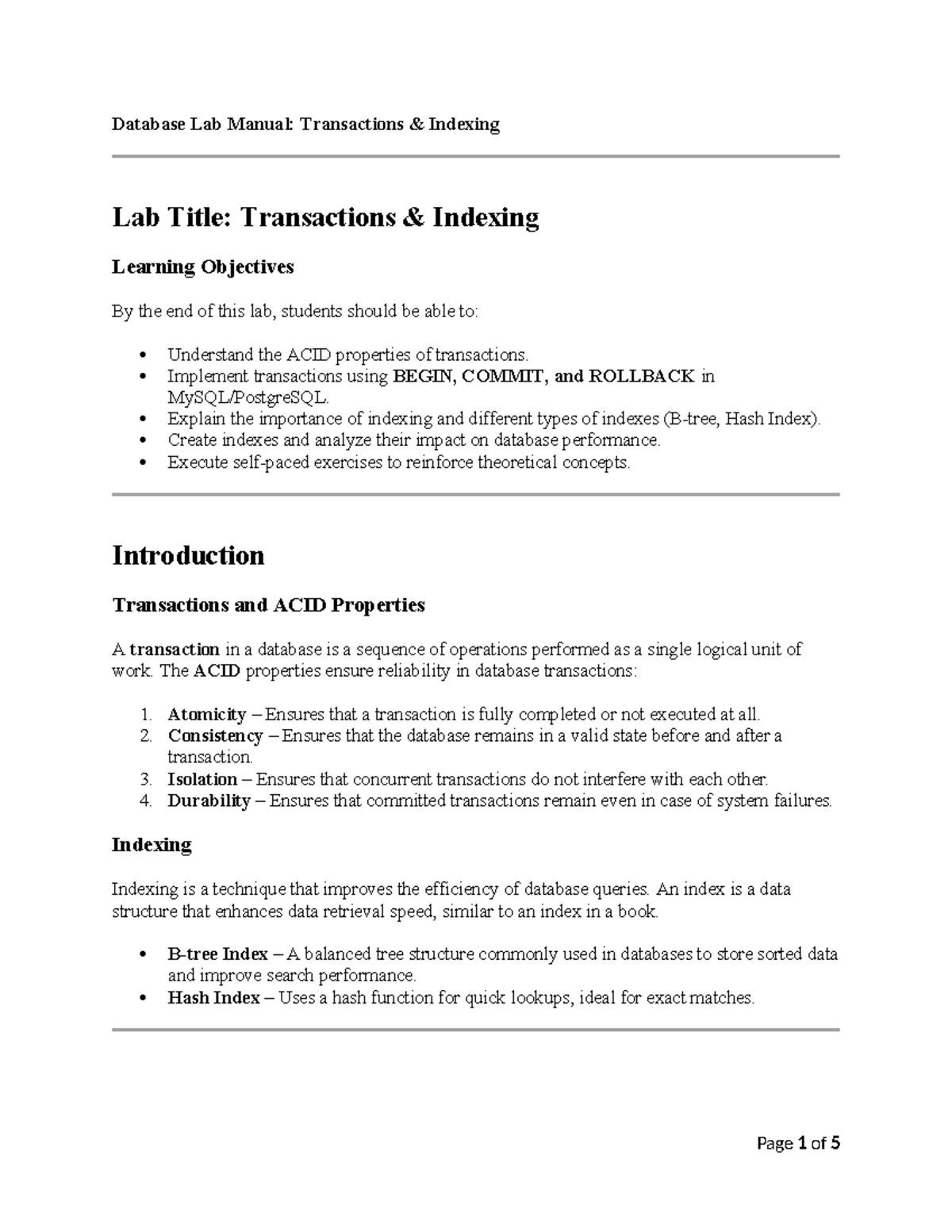 Lab task 5 - Assignment - Database Lab Manual: Transactions & Indexing ...