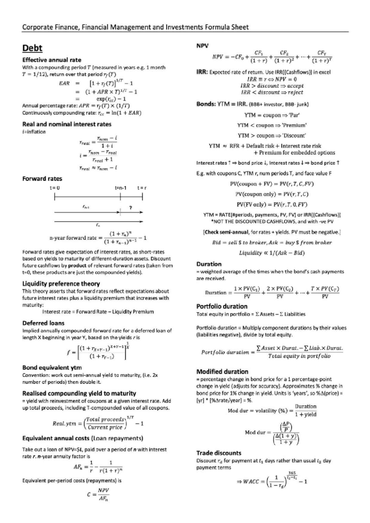 Corporate Finance, Financial Management and Investments Formula Cheat ...
