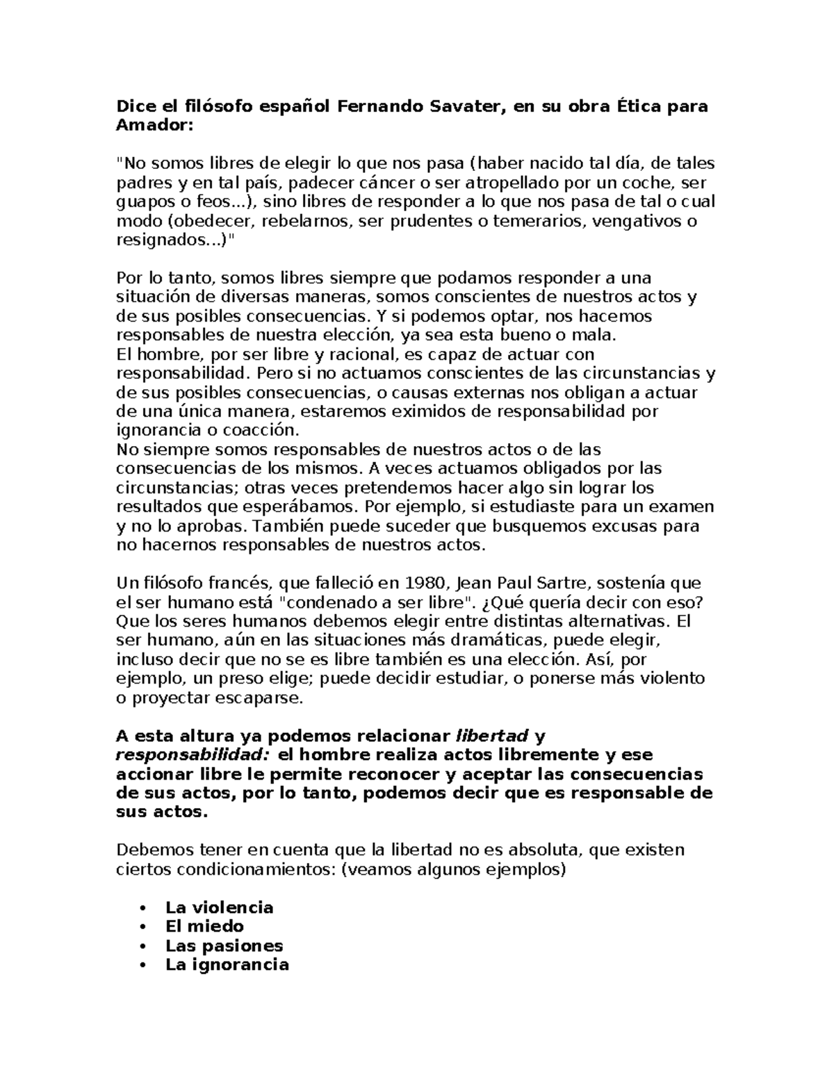 Material de Ética: Libertad y Responsabilidad según Savater - Studocu