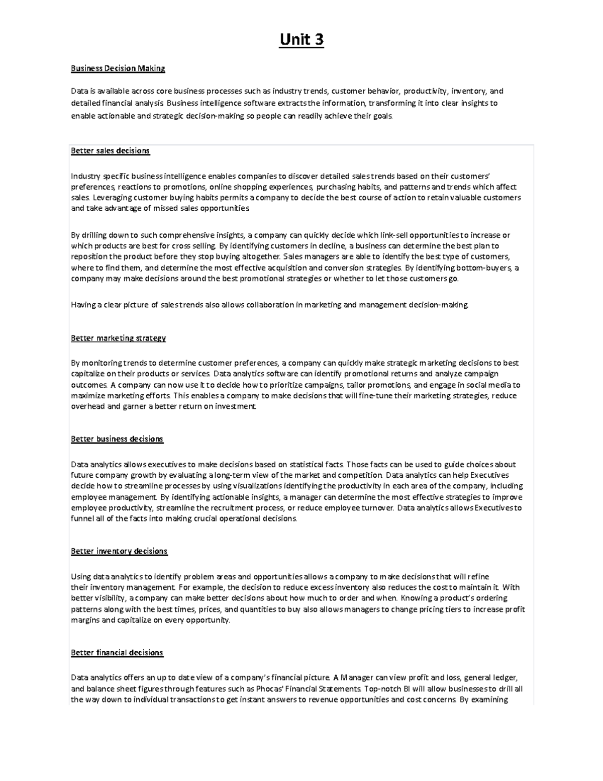 Unit 3: Business Decision Making & Data Analytics Insights (DW&BI ...