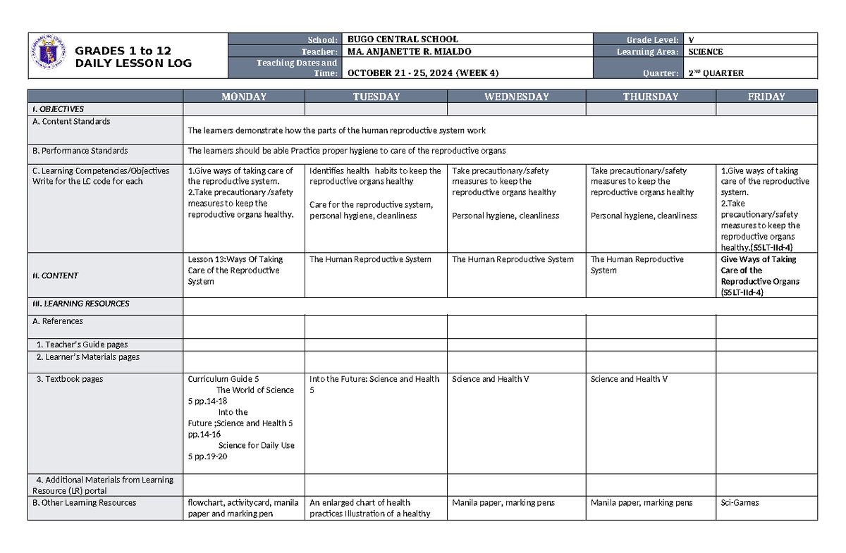DLL Science 5 Q2 W4 - n/a - GRADES 1 to 12 DAILY LESSON LOG School ...