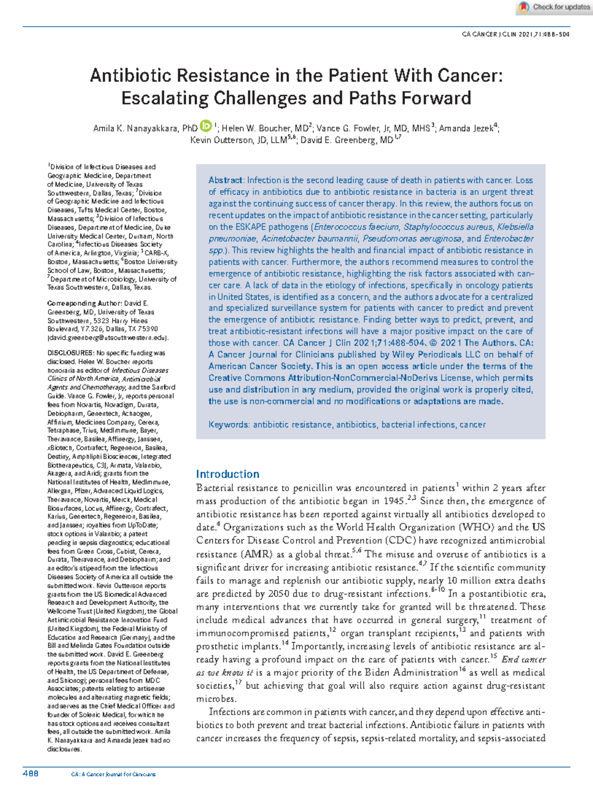 CA CANCER J CLIN 2021: Antibiotic Resistance Challenges in Cancer ...