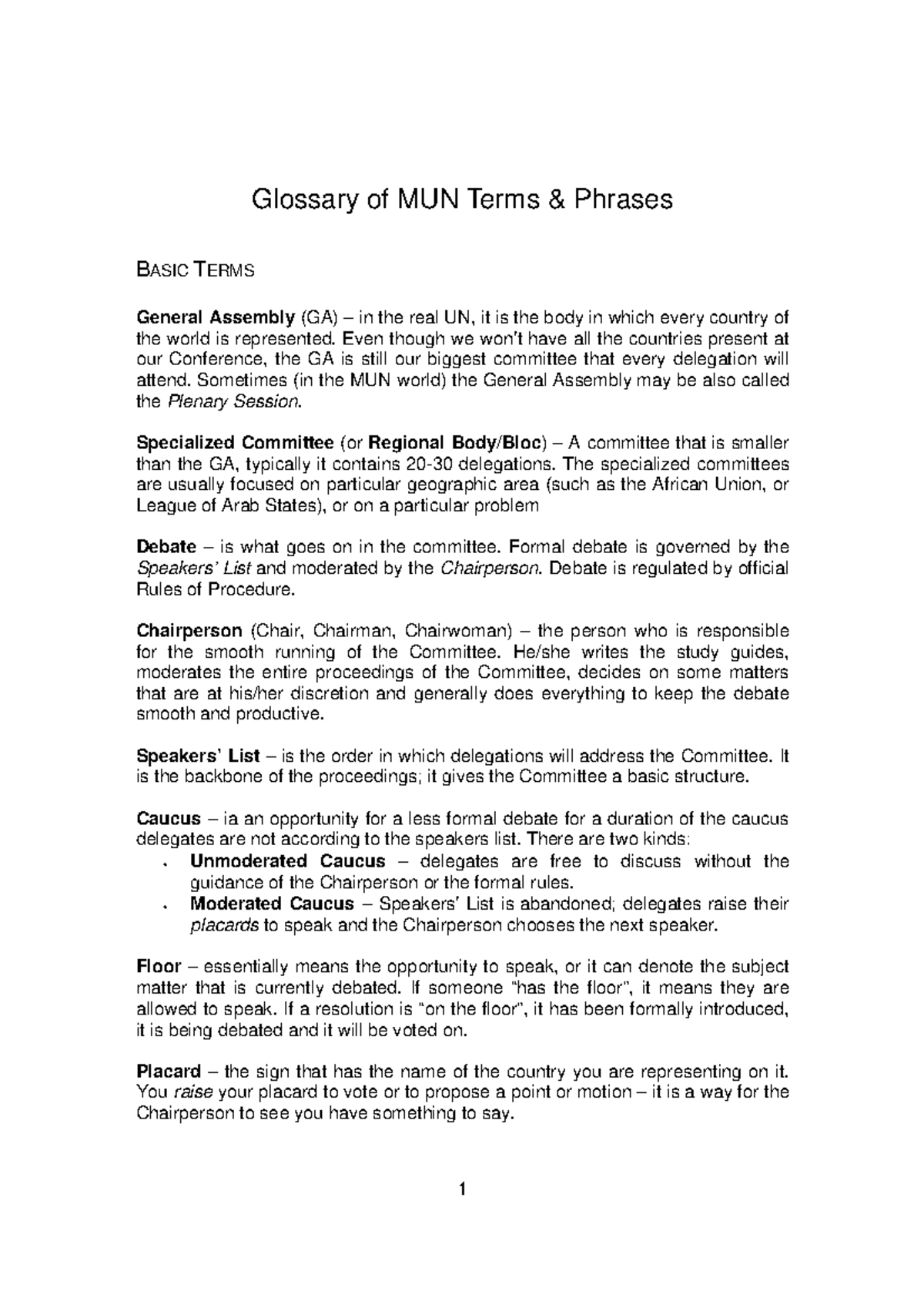 Glossary of MUN Terms & Phrases for GA Committees - Studocu