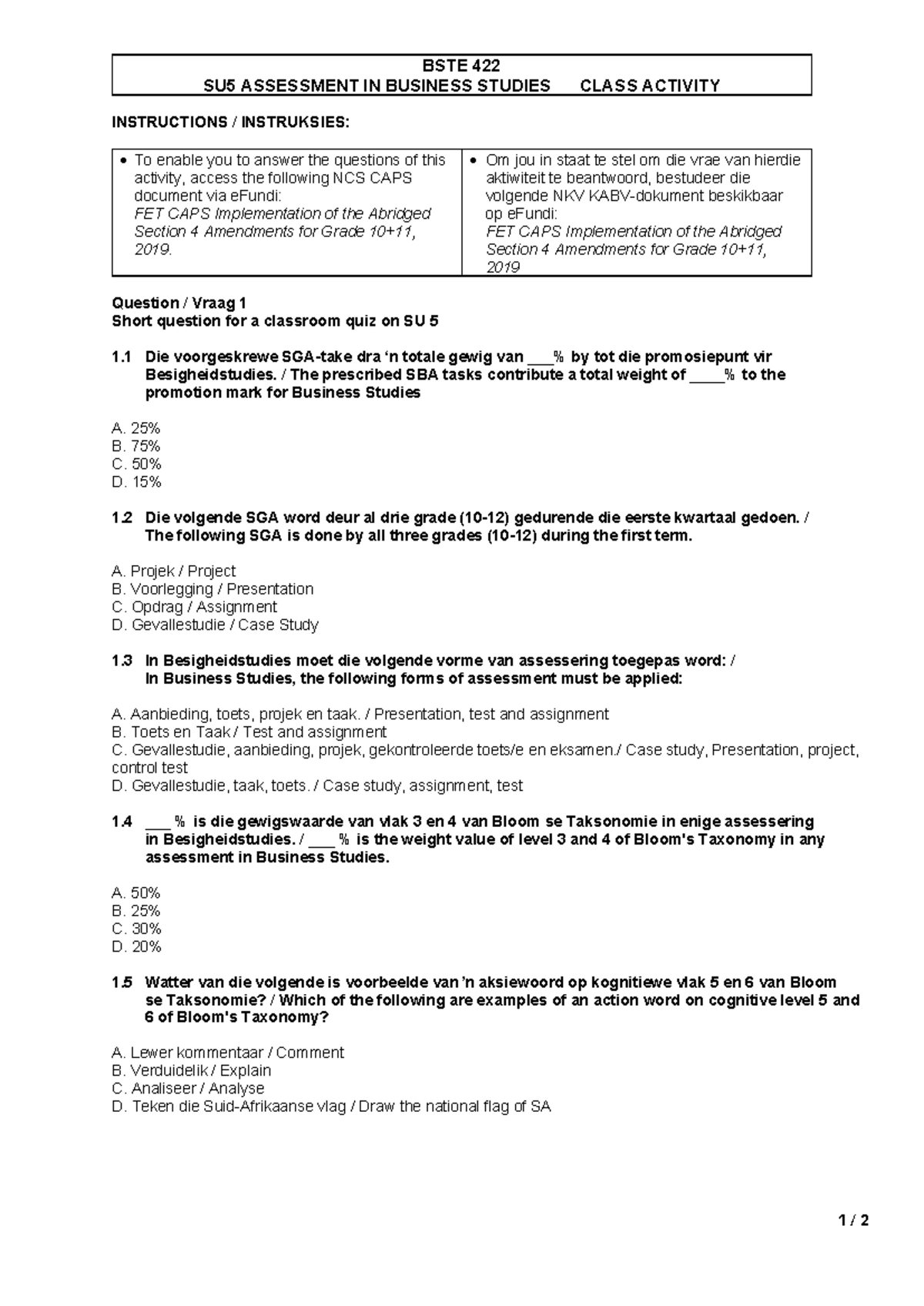 BSTE 422 SU5 Informal Activity on Business Studies Assessment 2025 ...