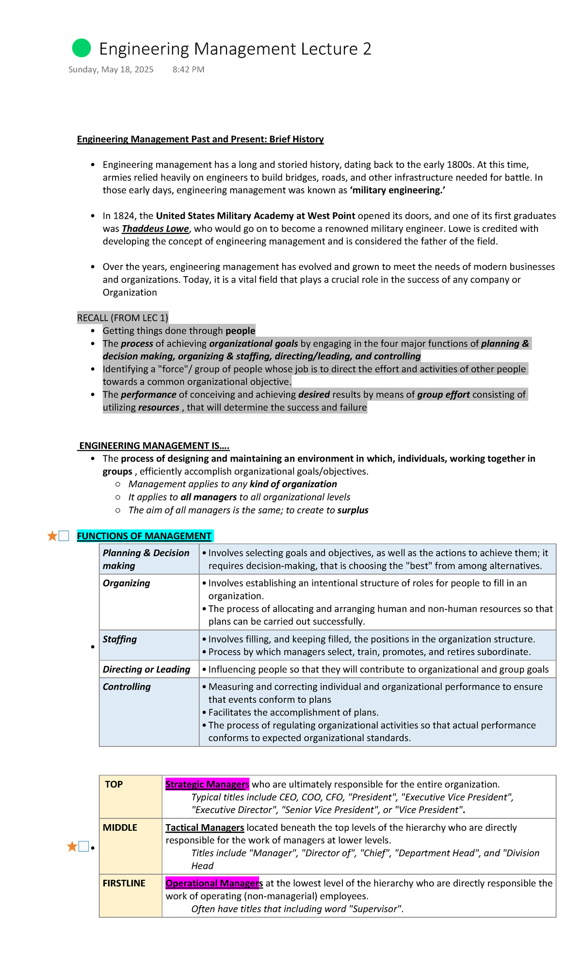 Eng Man L2: History & Functions of Engineering Management - Studocu
