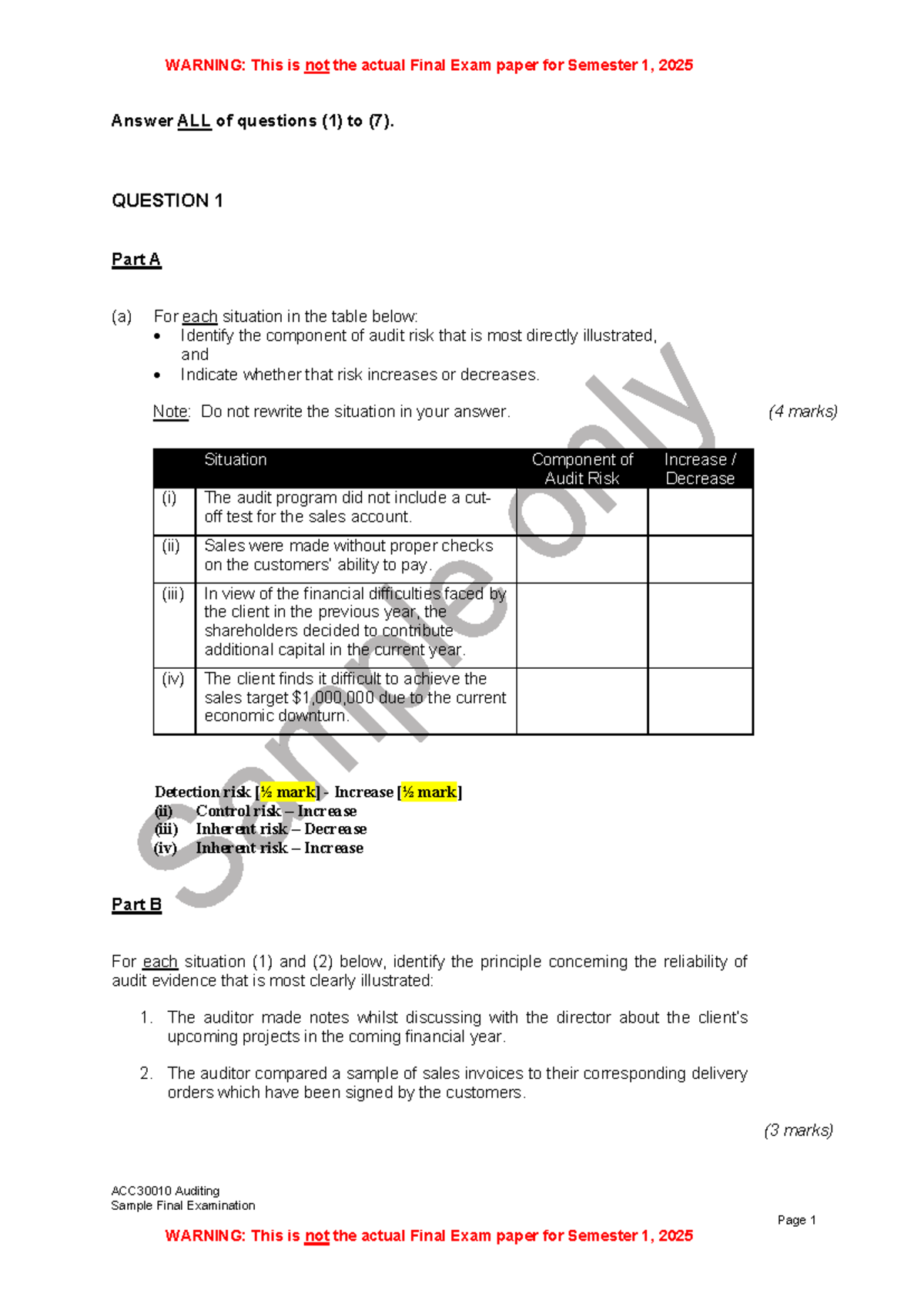 2025 Sem 1 ACC30010 Auditing Sample Final Exam Paper with Solutions ...