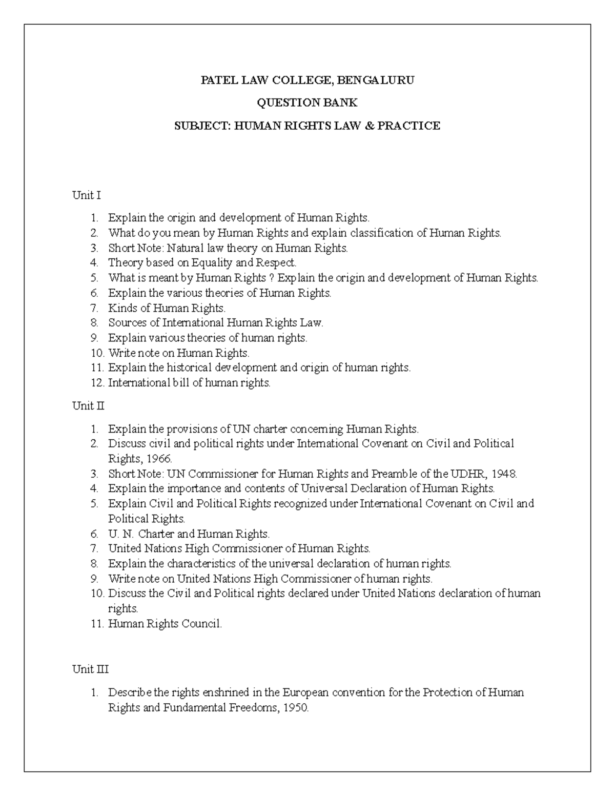 Question Bank: Human Rights Law & Practice (PATEL LAW COLLEGE) - Studocu