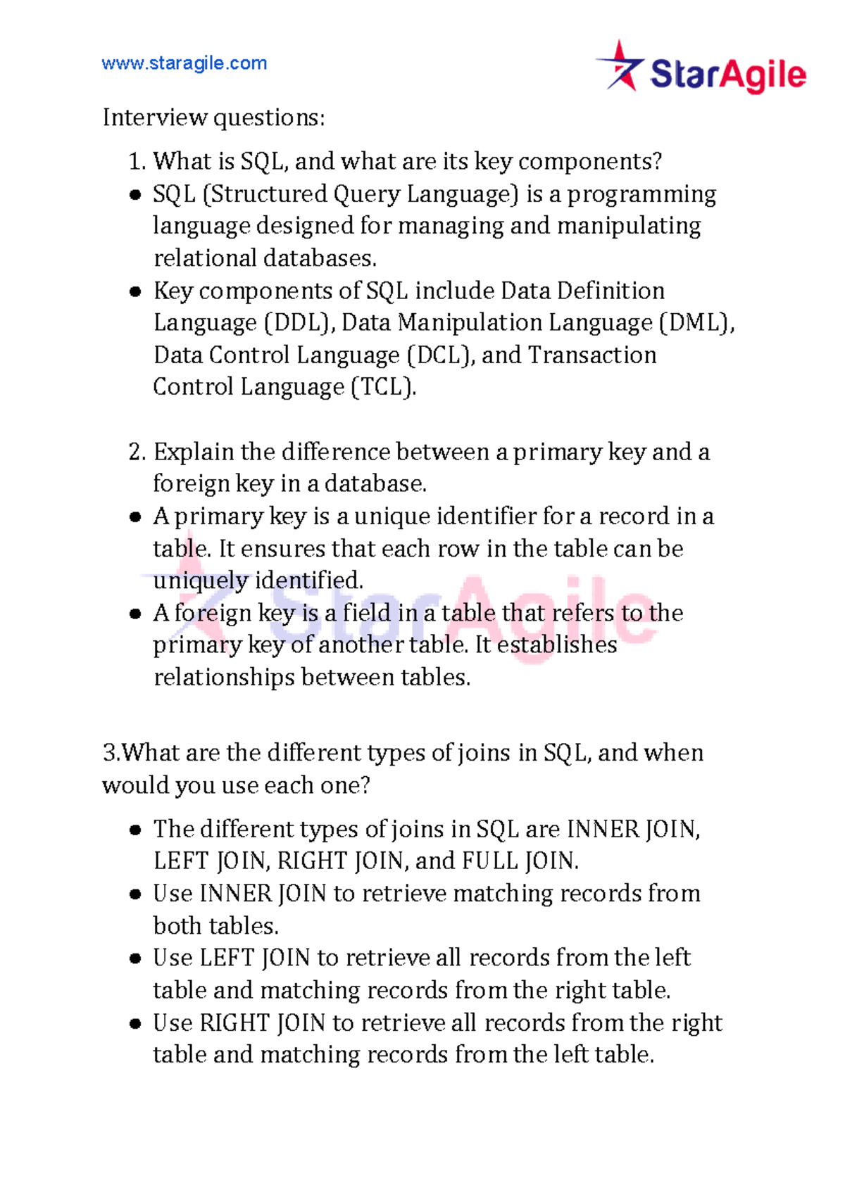 SQL Interview Questions Overview: Key Concepts & Components - Studocu