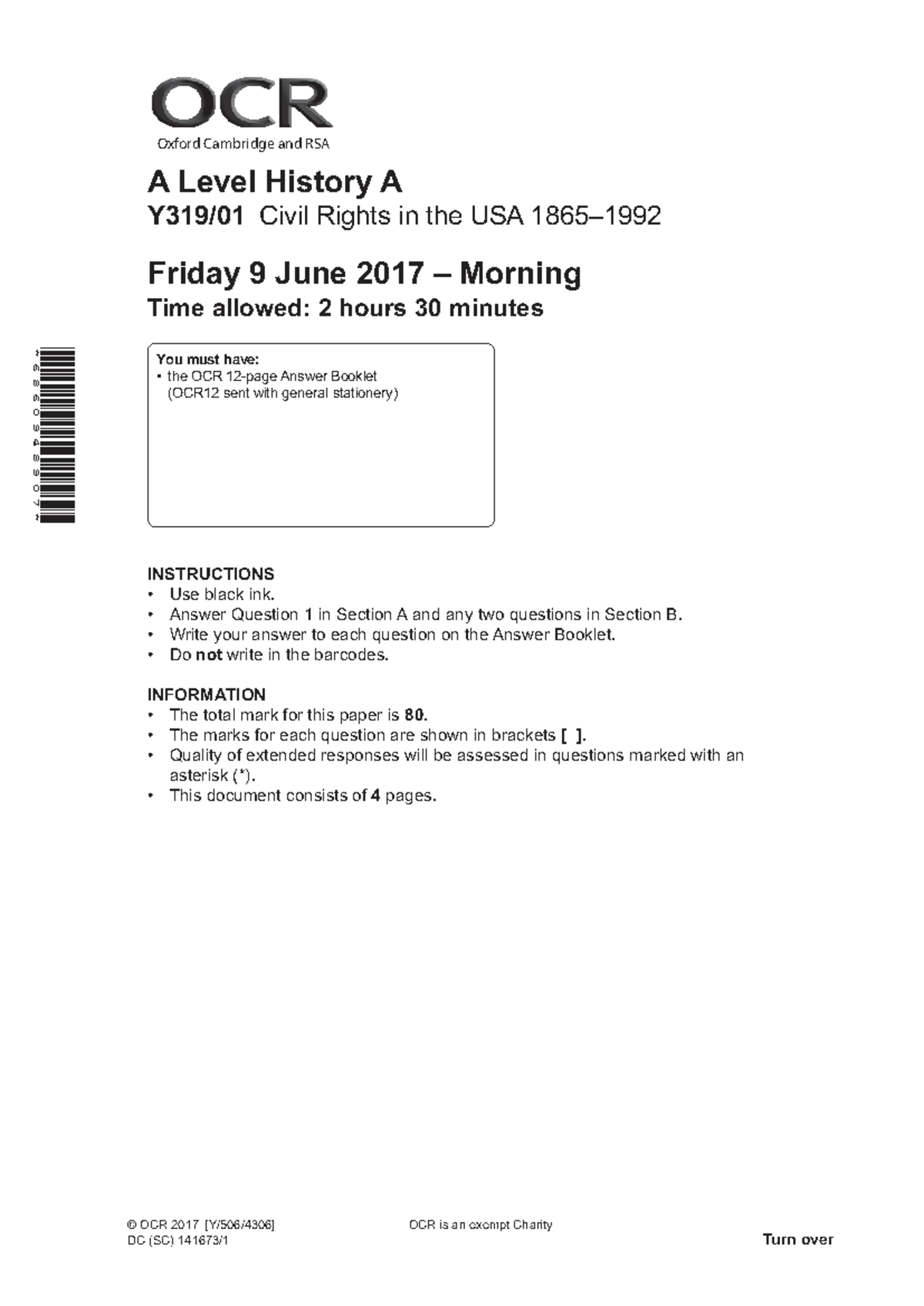 OCR A Level History A: Civil Rights in the USA Exam Paper (June 2017 ...