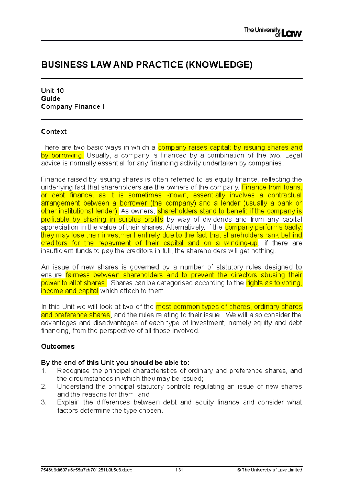 Business Law Practice 7548 Unit 10 Company Finance Overview Studocu