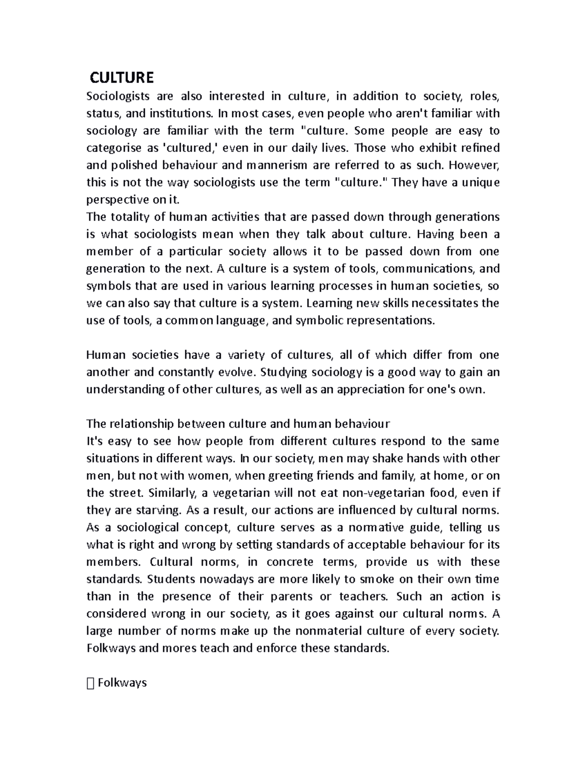 Culture - SOC 101 Lecture Notes on Human Behavior & Norms - Studocu