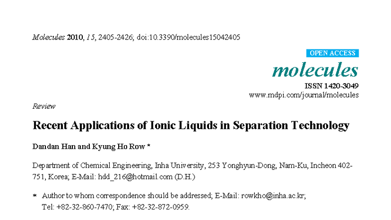 Recent Applications of Ionic Liquids in Separation Tech (Molecules 2010 ...