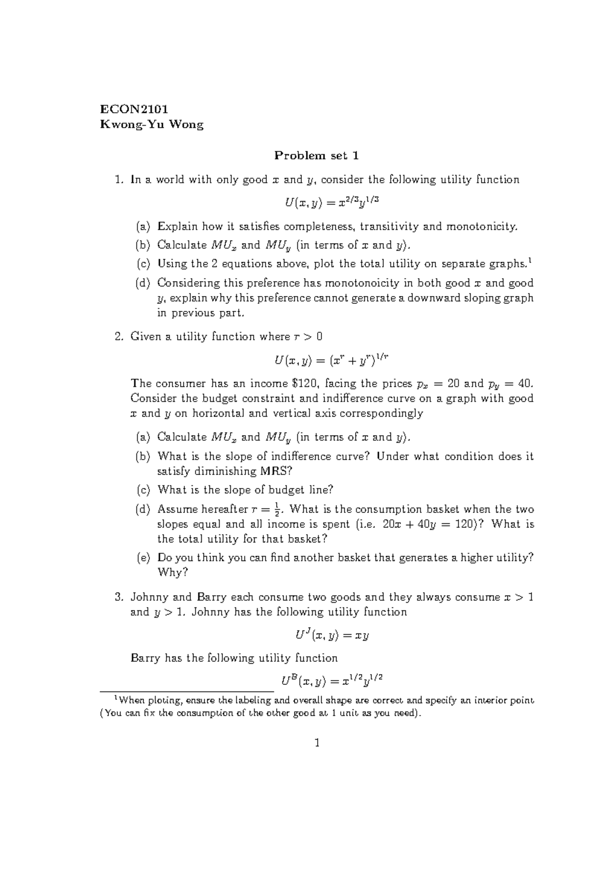 PS01 - Problem Set 1: Utility Functions & Consumer Choices - Studocu