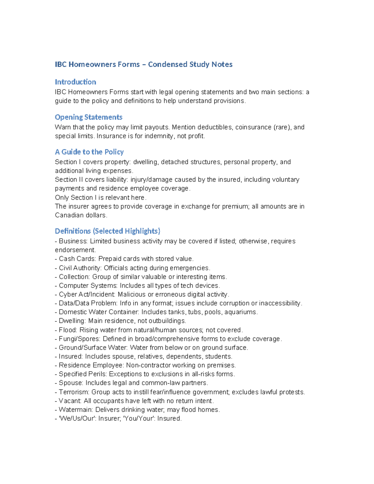 IBC Homeowners Forms Condensed Notes - IBC Homeowners Forms – Condensed ...