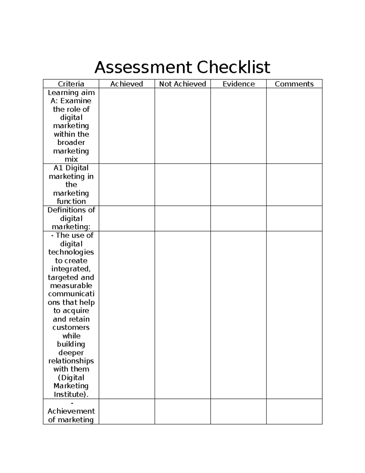 Digital Marketing Assessment Checklist: Learning Aim A Criteria ...