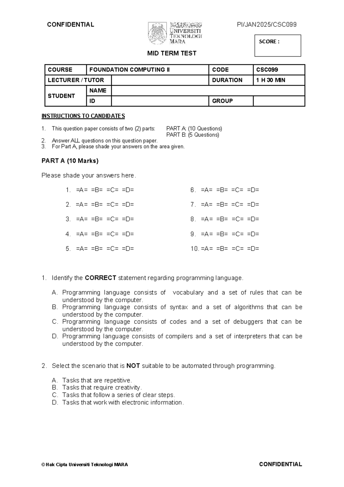 Midterm Test CSC099: Foundation Computing II Questions Set 1 - Studocu