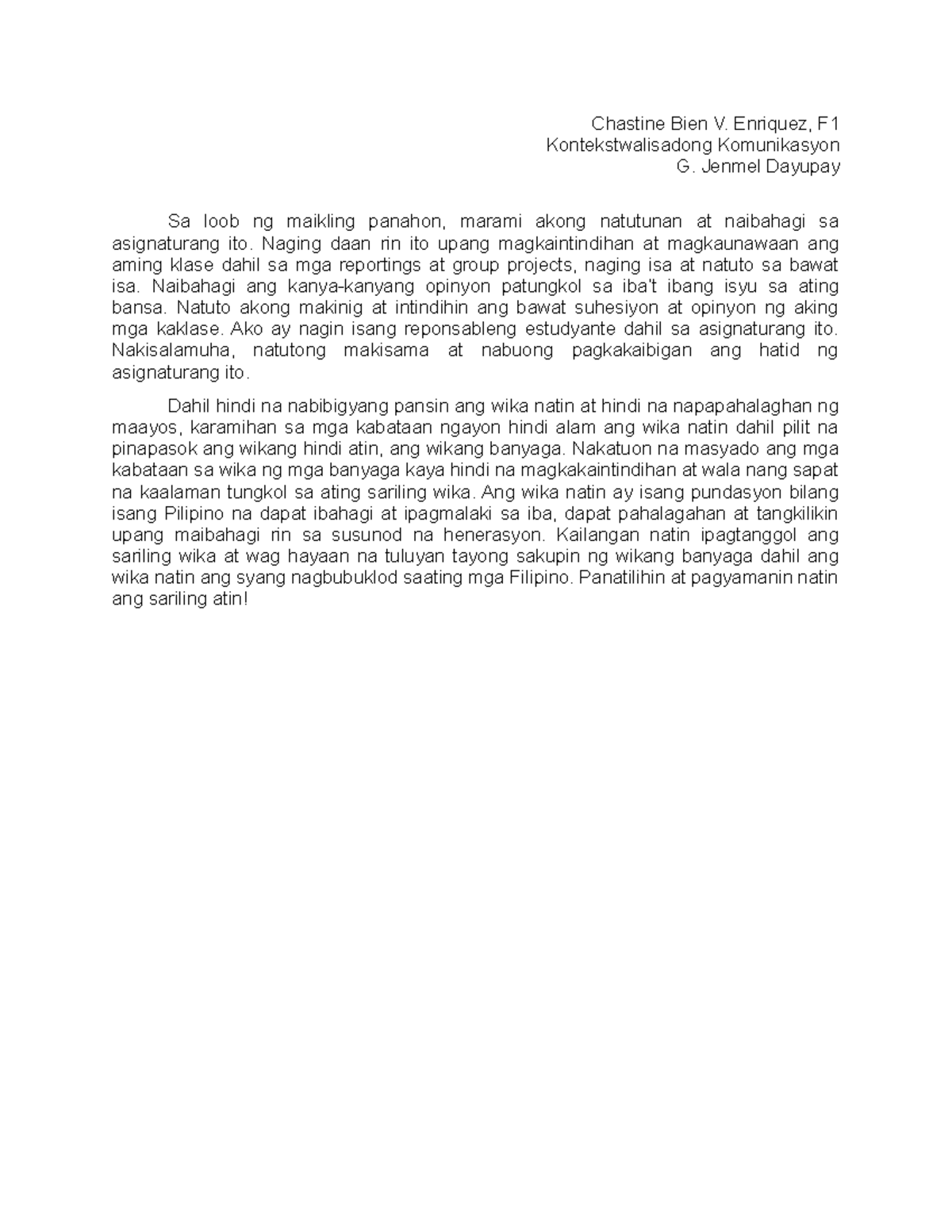 Reflection on Filipino Language: Insights from Kontekstwalisadong ...