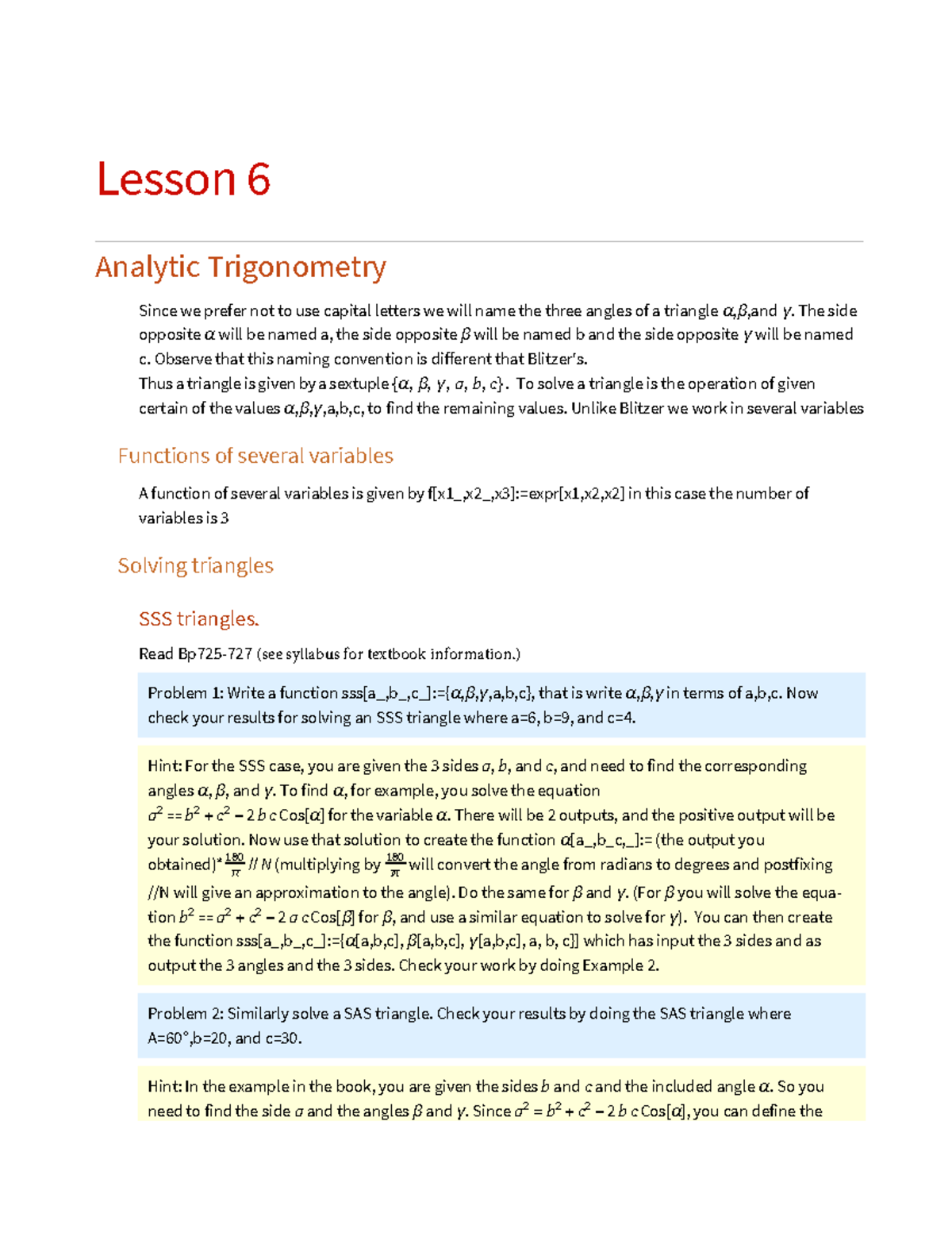 Lesson 6-2: Analytic Trigonometry and Triangle Solutions - Studocu