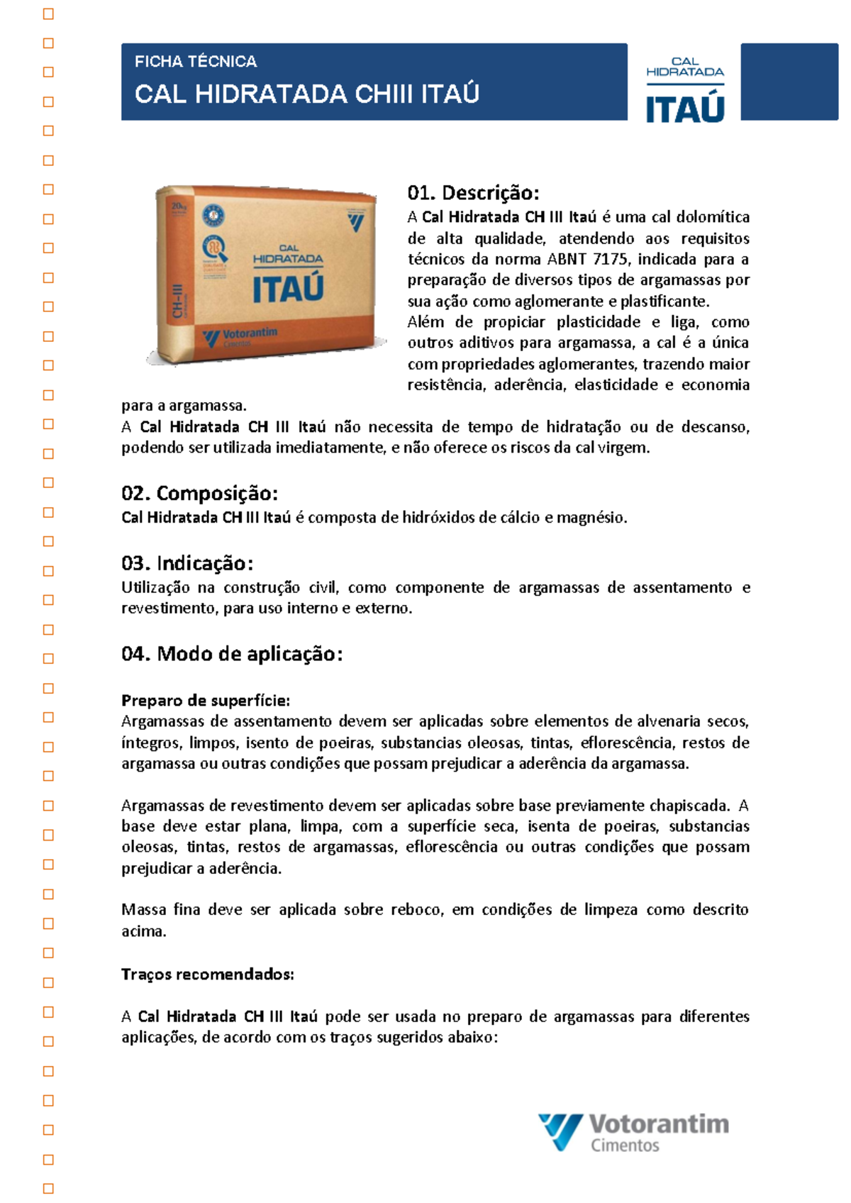 FICHA TÉCNICA - CAL HIDRATADA CH III ITAÚ para Construção Civil - Studocu