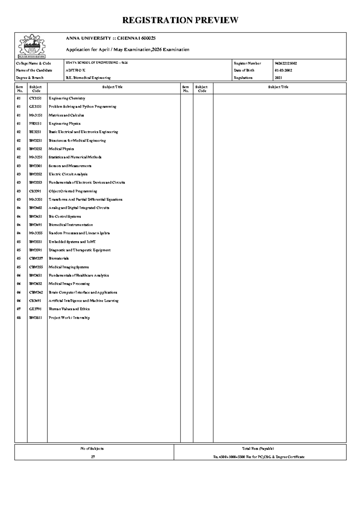 Anna University B.E. Biomedical Engineering April-May 2026 Exam ...