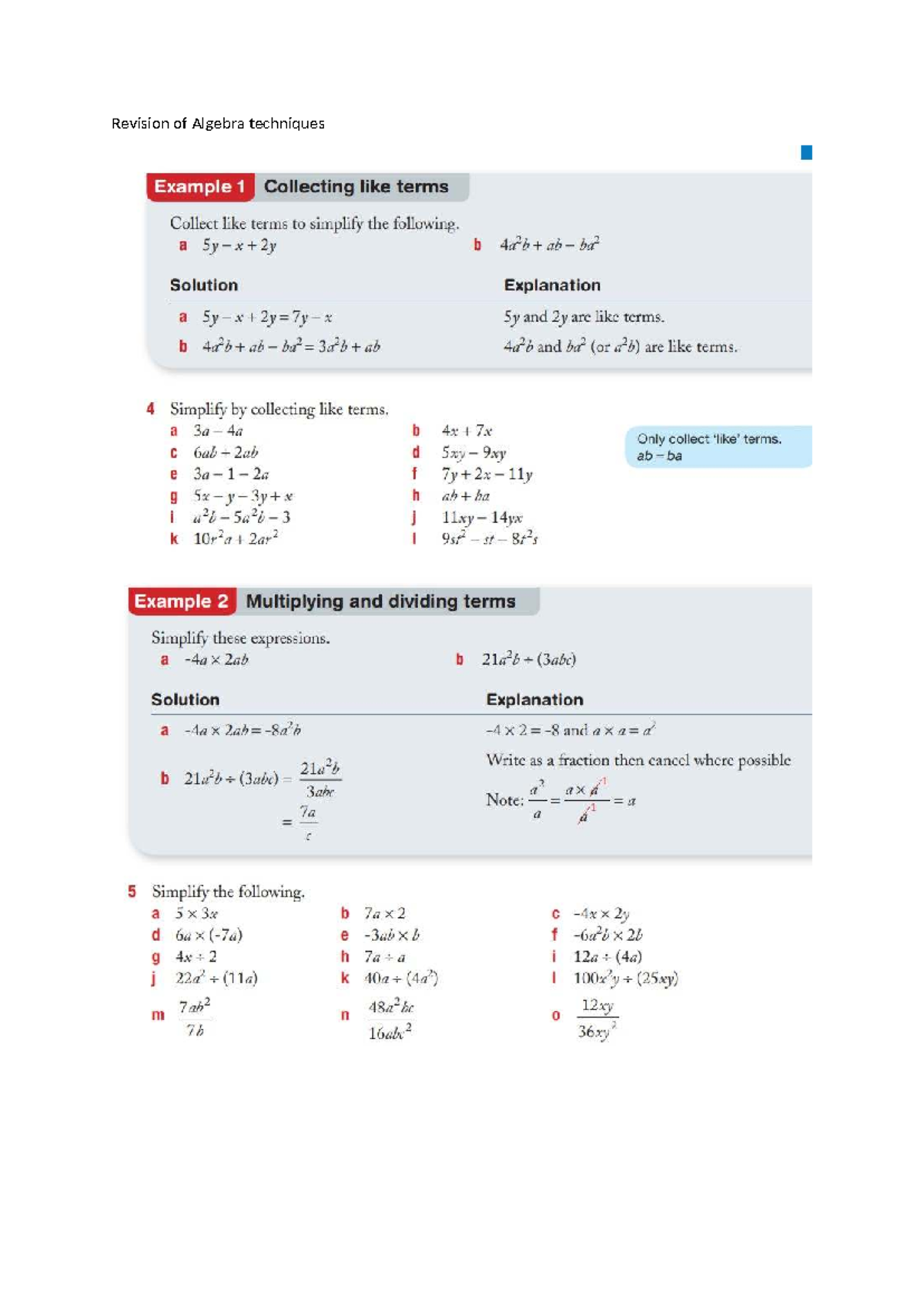 Revision of Algebra Techniques - Camb 9 9A - Studocu
