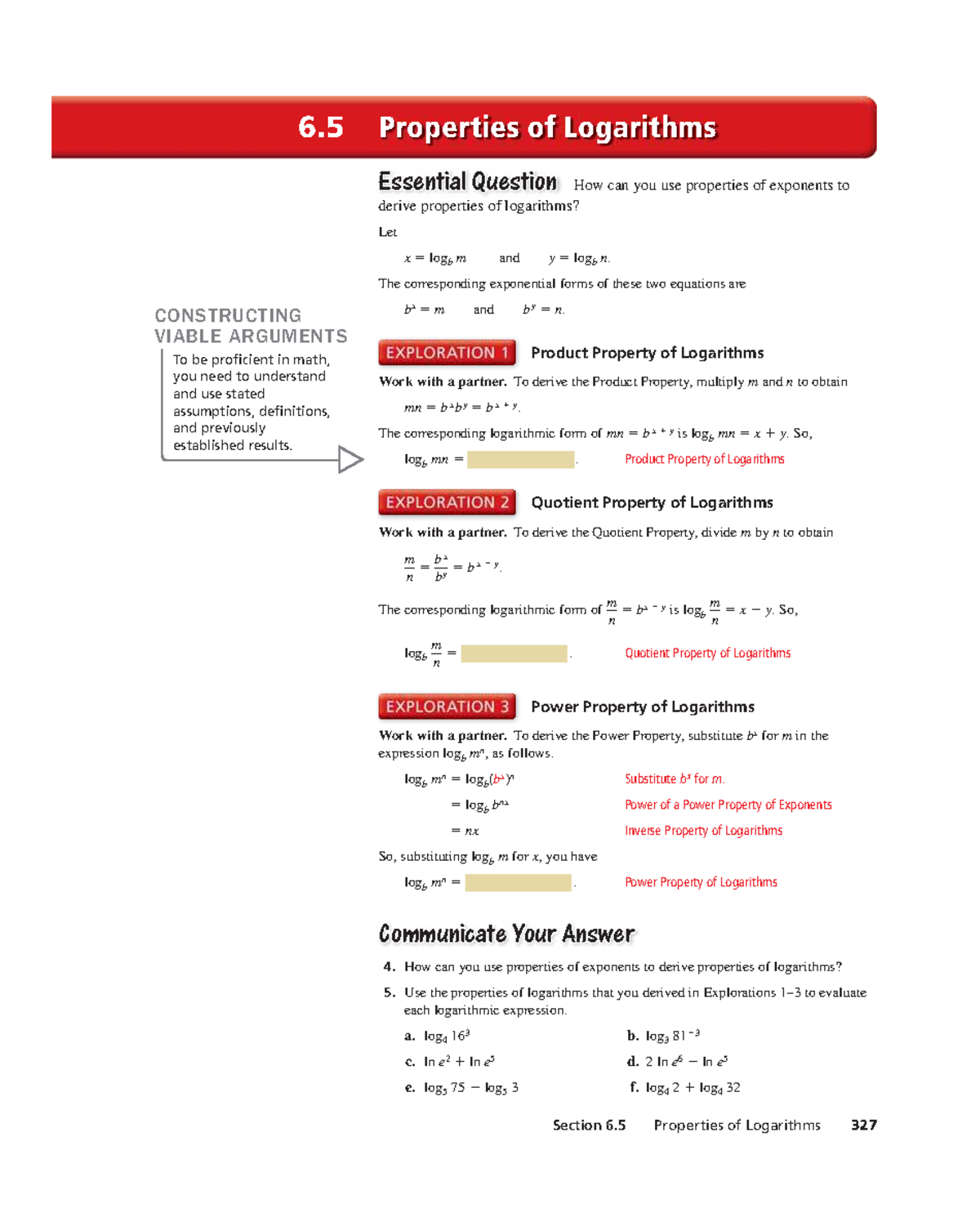 Alg2 PE 06.5 - Properties of Logarithms and Their Applications - Studocu