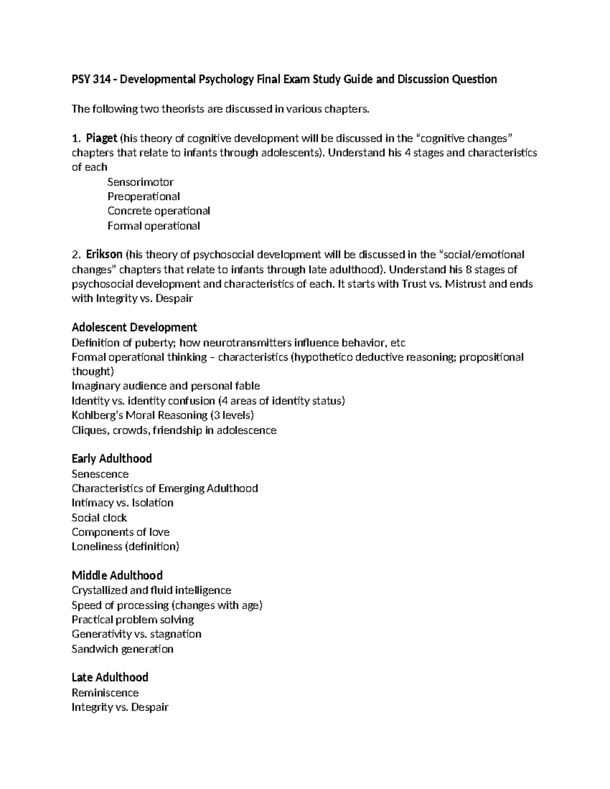 314Exam2Study Guideand Discussion - PSY 314 - Developmental Psychology ...